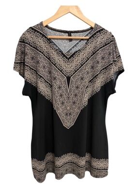 Lavena Black Short Sleeve Top with Beige Boho V-Panel